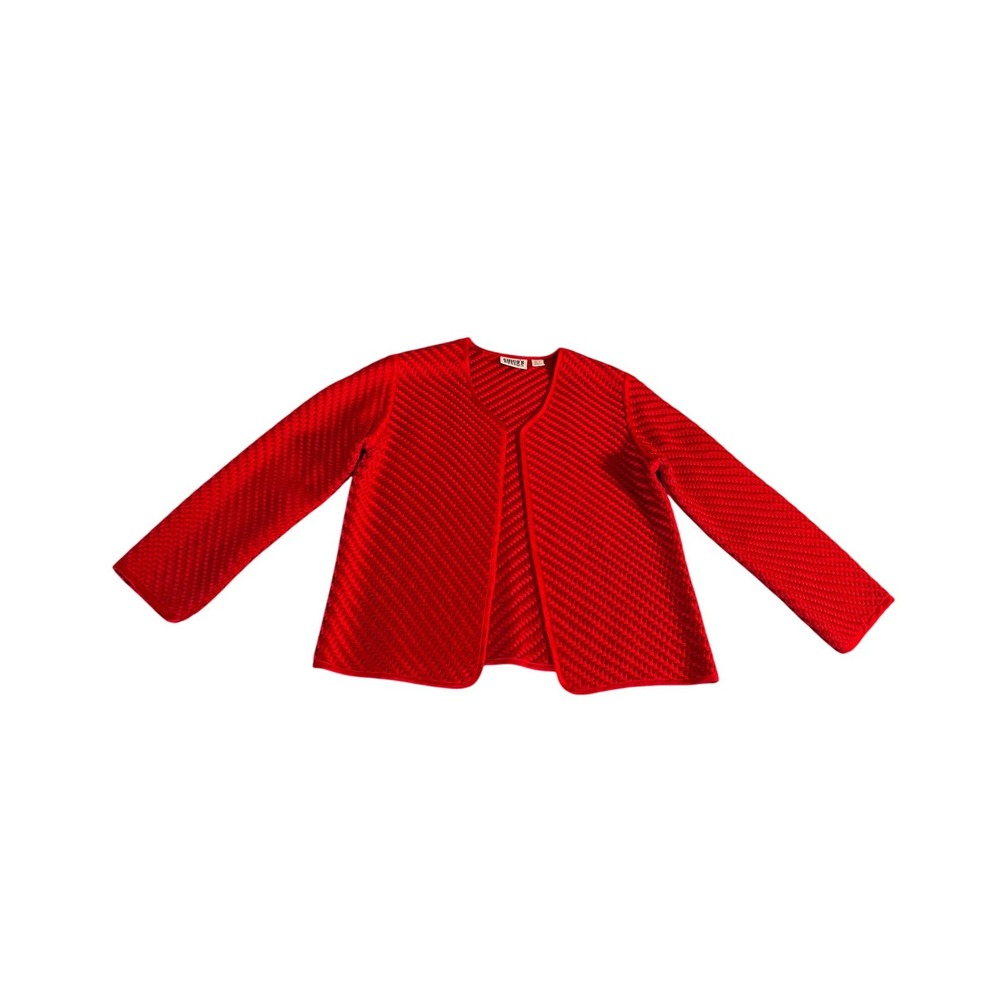 Chico's Design Silk Red Textured Open Front Jacket Collarless Career SZ 0 Small